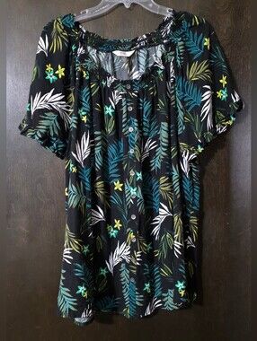 Terra & Sky Tropical Leaves Button-Front Peasant Top Short Sleeve Size 1X